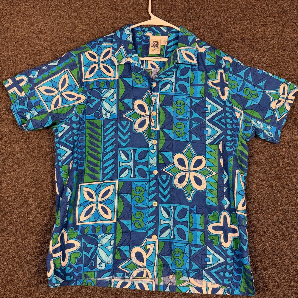 Kennington California Mens Blue Green Geometric Tribal Cotton Hawaiian Shirt L